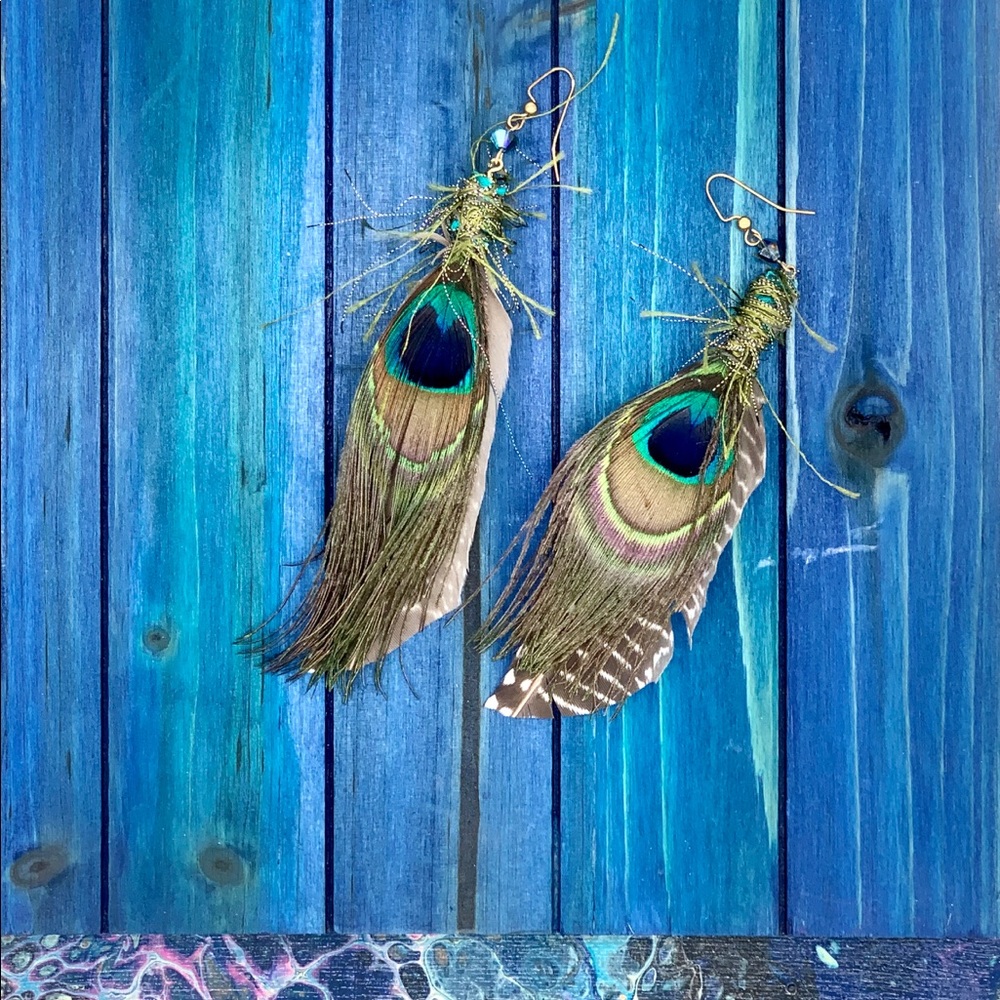 Peacock Feather Earrinngs - Picture 4 of 4